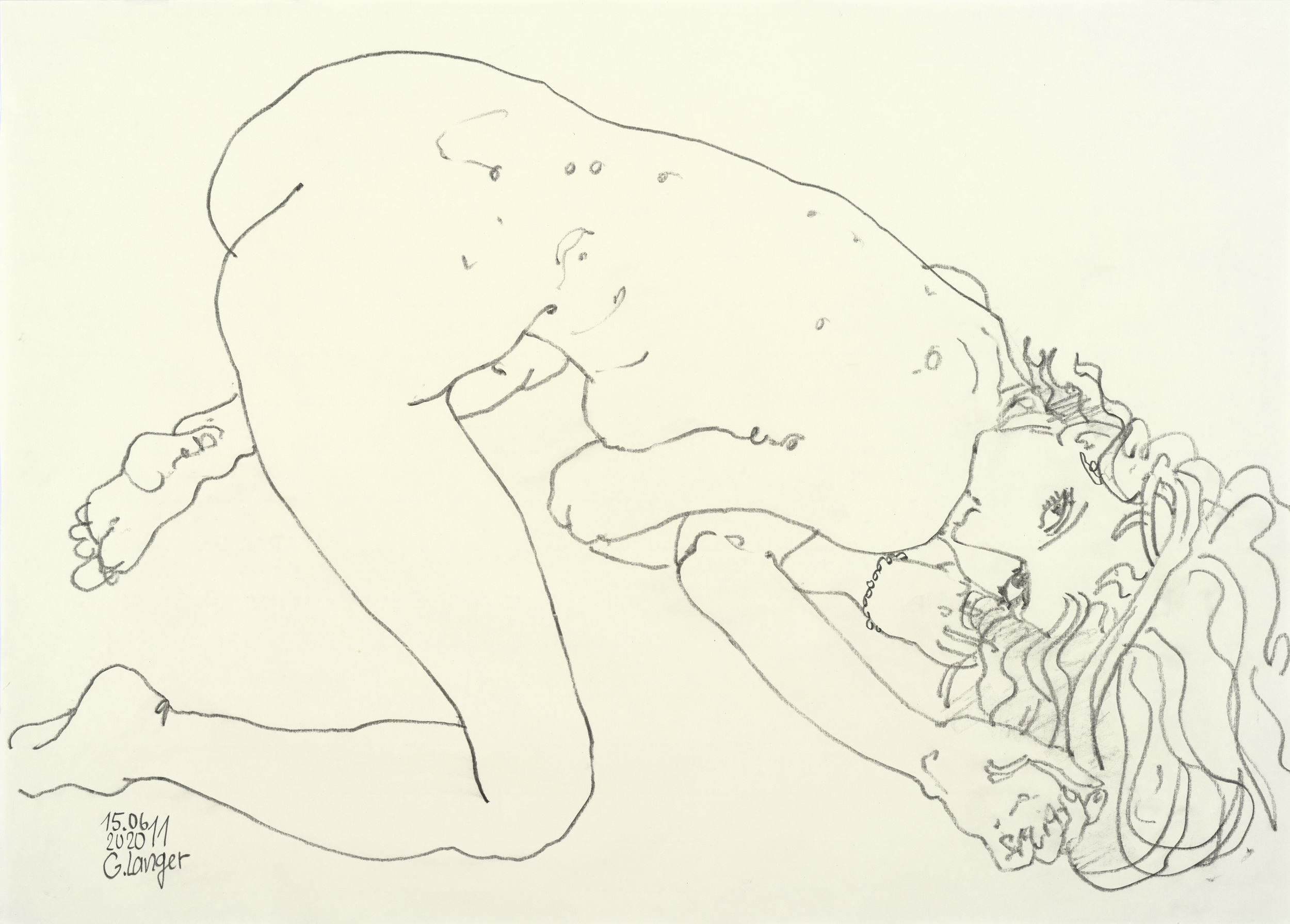 Gunter Langer, Kniender Mädchenakt vorn übergebeugt, Kecke, 2020, Zeichnung, Zeichenpapier, 50 x 70 cm